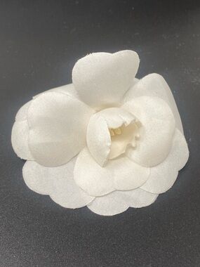 Chanel White Camellia Flower corsage Pin Brooch Silk Made In France